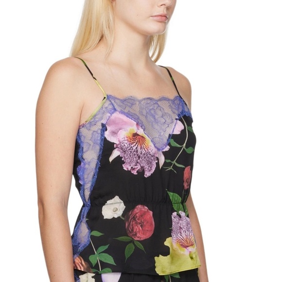 Fleur du Mal Tops - Fleur du Mal Black Floral Camisole With Blue Lace Size M